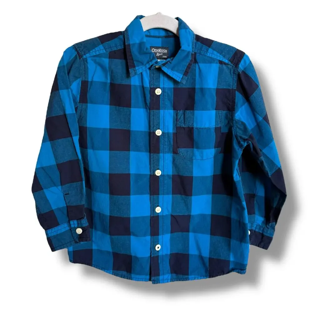 OshKosh Boys Shirt Sz 5T 5 Blue‎ Black Check Button Up Long Sleeve Cotton